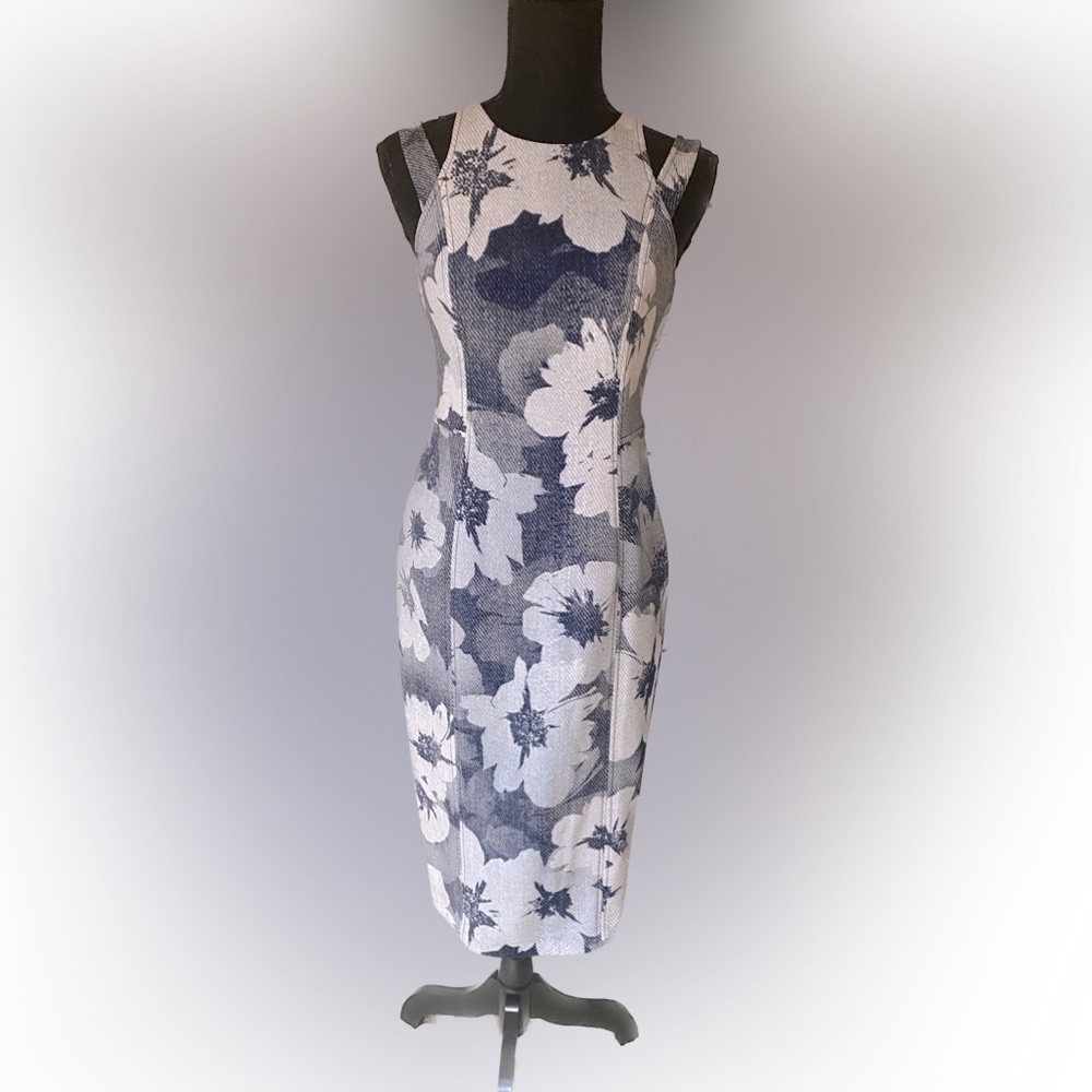 COPY - Maggie London Blue Floral split shoulder dress